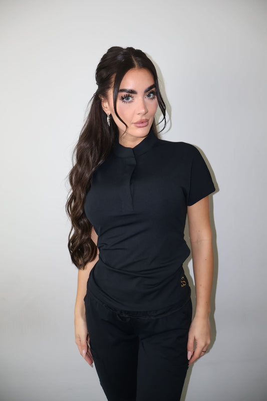 Black opulent scrub top