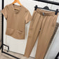 Almond brown V neck set open leg