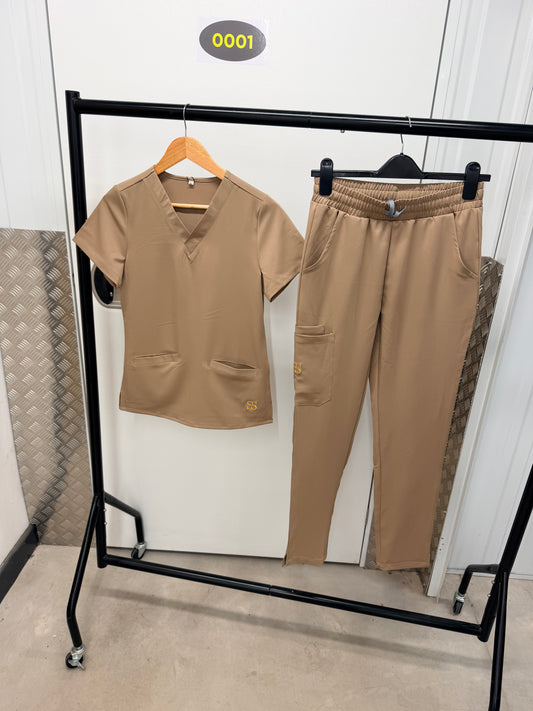 Almond brown V neck bottoms Open leg