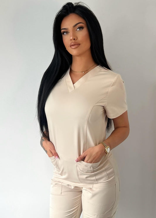 Beige V Neck Open Leg Set